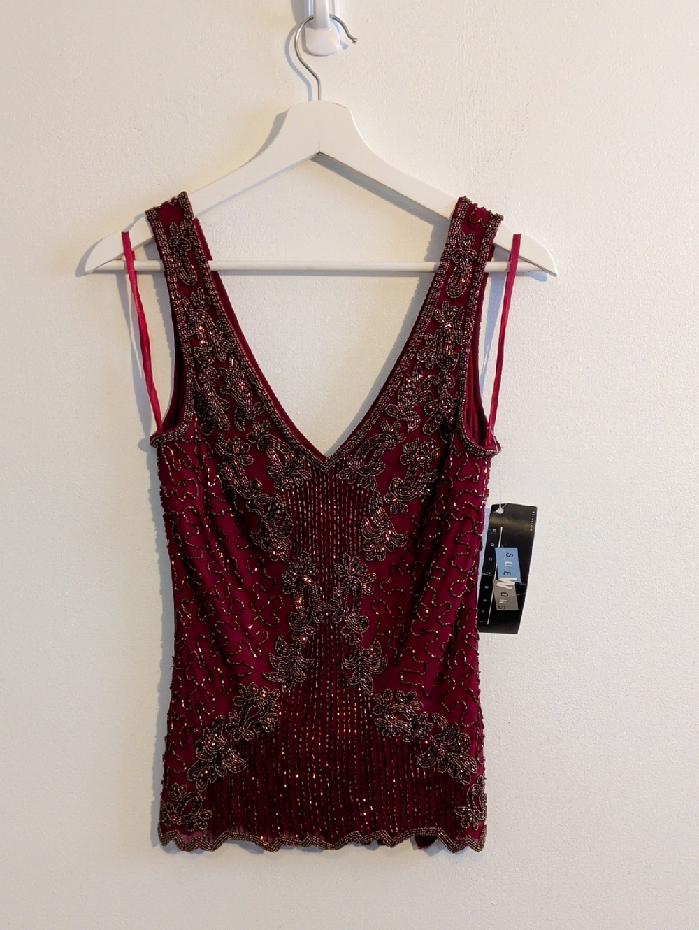 SUE WONG silk beaded v-neck top - size 8